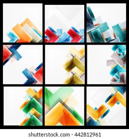 Conjunto de fondos de flecha 3d. Colección de folletos vectores, volantes de Internet, tapicería o carteles de portada. Estilo geométrico, formas de flecha brillante realistas y coloridas, plantillas en blanco con