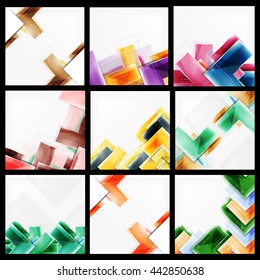 Set of 3d arrow backgrounds. Collection of vector web brochures, internet flyers, wallpaper or cover poster designs. Geometric style, colorful realistic glossy arrow shapes, blank templates with