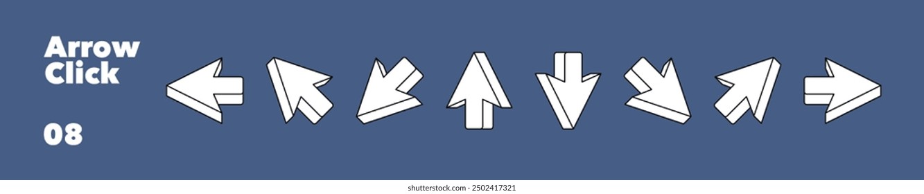Set of 3d arrows click with different directions. Mouse click cursor in cartoon line style. Vector illustration.
