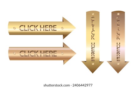 Set of 3D arrows "Click here". Brilliant gold and copper design.