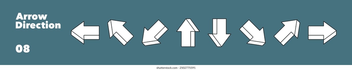 Set of 3d arrows with different directions. Collections of arrows pointers in cartoon line style. Vector illustration.