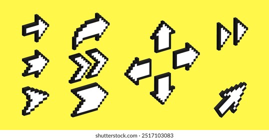 Set of 3d arrows in pixel art style. Vector illustration of 8 bit game assets.