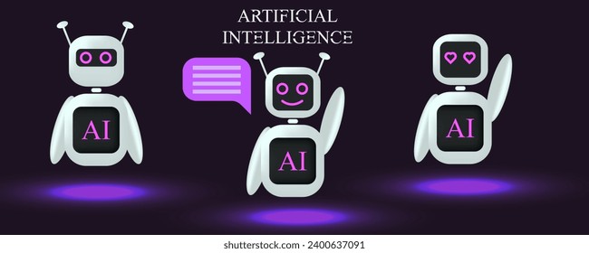 Set 3d Artificial Intelligence Character in light circle on black background. Artificial chat Robot collection. Vector illustration can used web site, banner, poster and social media.