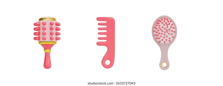 A set of 3d assorted hair combs. Brush, comb and massage comb. Vector illustration on isolated white background