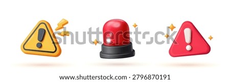 Set of 3D Attention Signs. Emergency warning elements in plasticine style. Icons with alarming red lamp and hazard symbol. Hand drawn vector illustration collection isolated on background