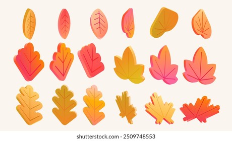 Set of 3d autumn leaves. Collection red and yellow seasonal foliage.