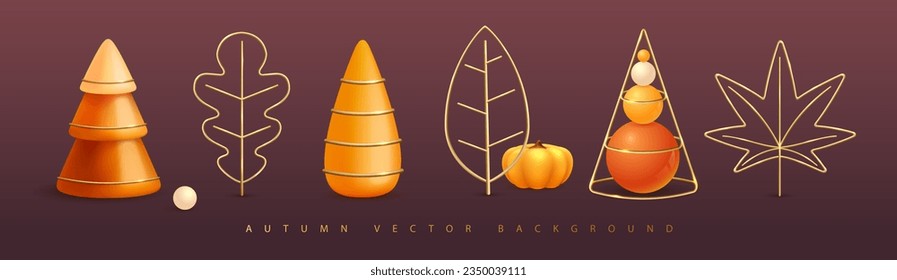 Set of 3D autumn plastic and metal elements: oak lef, maple leaf, autumn tree, christmas tree, pumpkin. Vector illustration