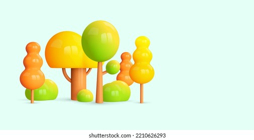 Icono de árboles de otoño en 3d. Bosque amarillo y rojo, jardín, parque, escena callejera. El paisaje otoñal de las caricaturas. 3d representan plantas estilizadas para el juego, mapa. Ilustración del vector