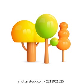 Icono de árboles de otoño en 3d. Bosque amarillo y rojo, jardín, parque, escena callejera. El paisaje otoñal de las caricaturas. 3d representan plantas estilizadas para juegos, mapas y niños. Ilustración del vector