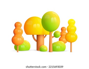 Set 3d autumn trees icon.Yellow and red forest, garden,park, street scene. Cartoon autumn landscape. 3d render stylized plants for game, map and kids . Vector illustration