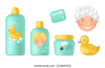 Set of 3d baby toiletries isolated on white background.Shampoo and soap.Stock vector illustration. 