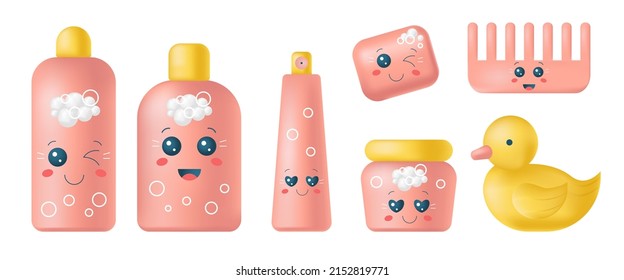 Set aus 3D-Babyartikeln und Verpackungen für Haut- und Haarpflege einzeln auf weißem Hintergrund. Shampoo und Seife. Stock-Vektorgrafik.