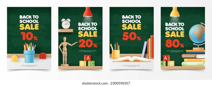 Zurück zur Schule Verkauf Vektorset von Poster und Banner Design-Vorlage mit Schulmaterial auf grünem Chalkboard Hintergrund für den Verkauf von Lehrplakat, Banner, Promotion. 3D-Vektorgrafik.