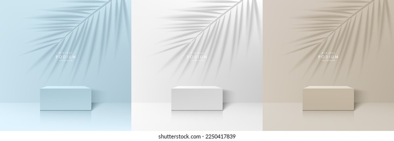 Set of 3D background with blue, white, beige cube pedestal stand podium. Palm leaf shadow overlay. Minimal wall scene mockup product stage showcase, Promotion display. Abstract vector geometric forms.