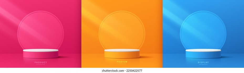 Set of 3d background with cylinder pedestal podium in pink, orange, blue with circle backdrop. Minimal wall scene mockup product stage for showcase, Promotion display. Abstract vector geometric forms.