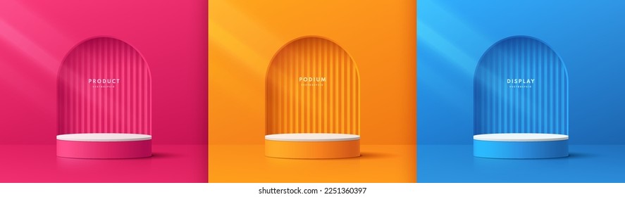 Set of 3d background with cylinder pedestal podium in pink, orange, blue with arch door scene. Minimal wall scene mockup product stage for showcase, Promotion display. Abstract vector geometric forms.