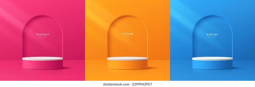 Set of 3d background with cylinder pedestal podium in pink, orange, blue with arch gate scene. Wall minimal scene mockup product stage showcase, Promotion display. Abstract vector geometric platforms.