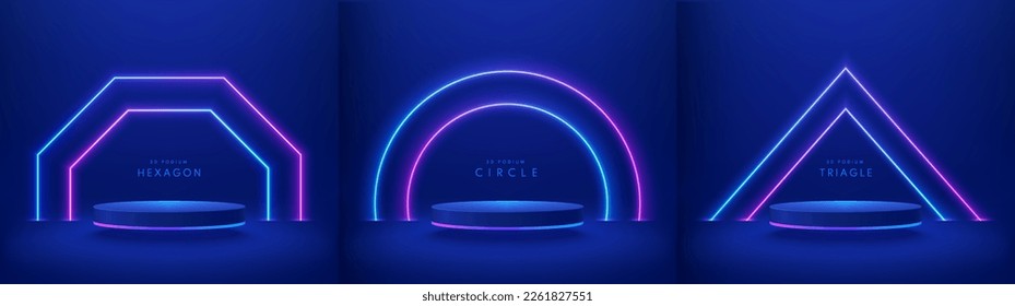 Set of 3d background with dark blue cylinder podium. Blue, red neon light in hex, circles and triangle shape. Abstract minimal wall scene, Mockup product display. Geometric platforms. Stage showcase.