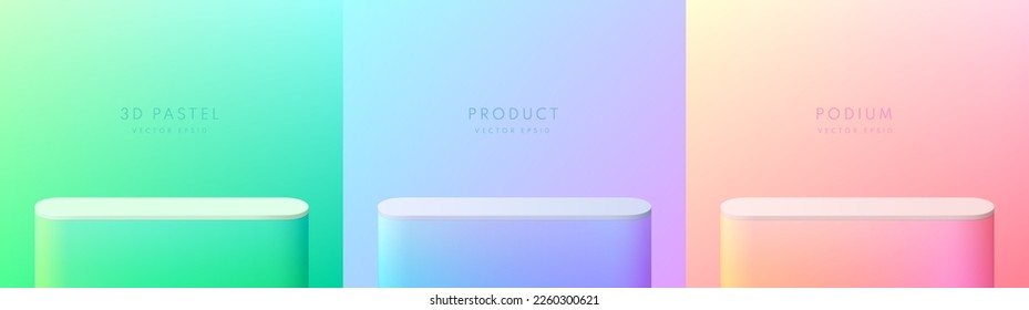 Set of 3D background with green, blue-pink, red-yellow and white round corner stand podium in pastel empty rooms. Vector geometric platform. Mockup product display. Minimal wall scene. Stage showcase.