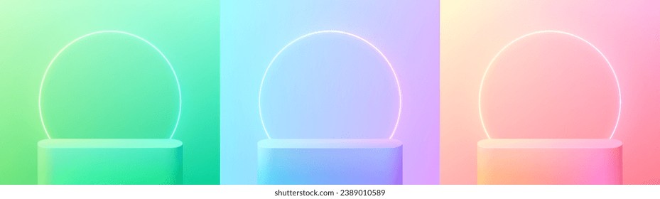 Set von 3D-Hintergrund mit grüner, blau-rosa und rot-gelber runder Ecke Podiumsplatz mit Neonring-Szene. Geometrische Vektorplattform. Sortieren Sie die Produktanzeige. Minimale Wandszene. Stage-Showcase