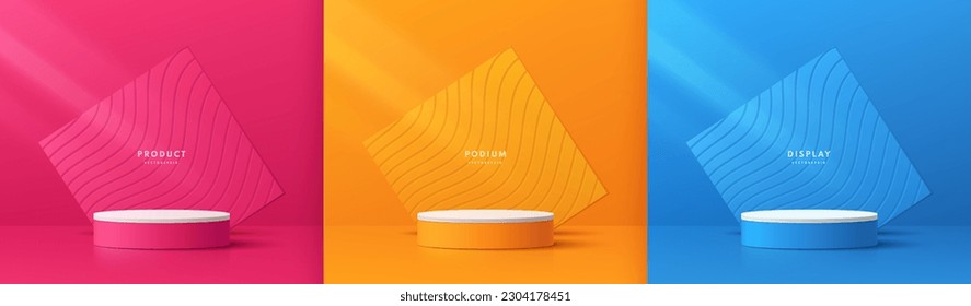 Set of 3d background with pink, orange, blue round stand podium. Wave line pattern square backdrop. Wall minimal scene mockup product stage showcase, Promotion display. Abstract vector geometric form.