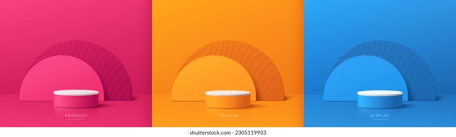 Conjunto de fondo 3d con podio peatonal rosa, naranja y azul. Semicírculos de fondo. Muestra de escena de simulación de escena mínima en pared, pantalla de promoción de banner cosmético. Resumen de las plataformas geométricas.