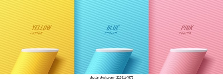 Set of 3D background with realistic yellow, blue, pink cylinder stand podium. Diagonal stripes line pattern. Abstract vector geometric form. Minimal wall scene. Stage showcase, Mockup product display.