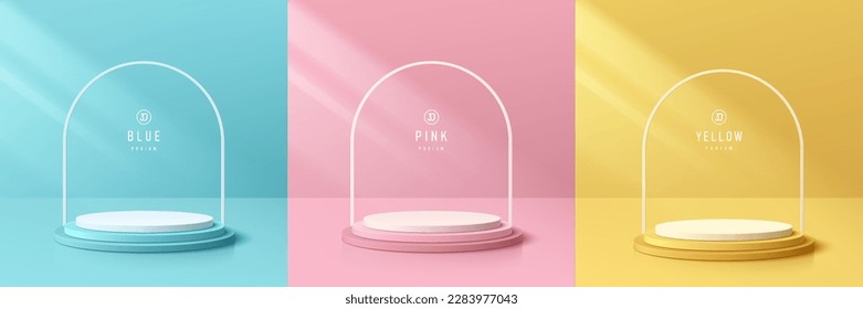 Set of 3D background with realistic yellow, blue, pink and white cylinder podium. Minimal arch shape wall scene. Pastel mockup product display. Round stage for showcase. 3D abstract vector rendering.