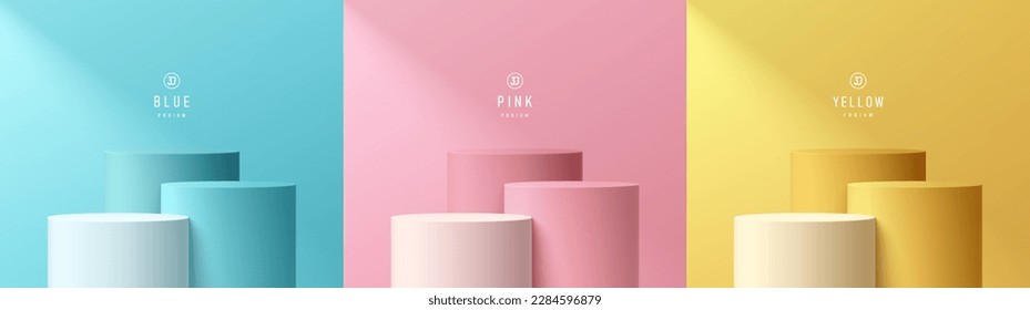 Set of 3D background with realistic yellow, blue, pink and white cylinder stand podium on pastel wall scene. Minimal mockup empty product display. Abstract vector 3D rendering. Round stage showcase.