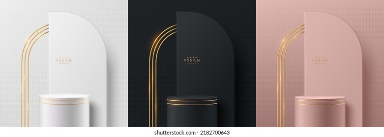 Set of 3D background with stand podium. Black, gold, silver and pink gold with luxury geometric forms scene. Abstract minimal wall scene for mockup products display. Vector round stage for Showcase.