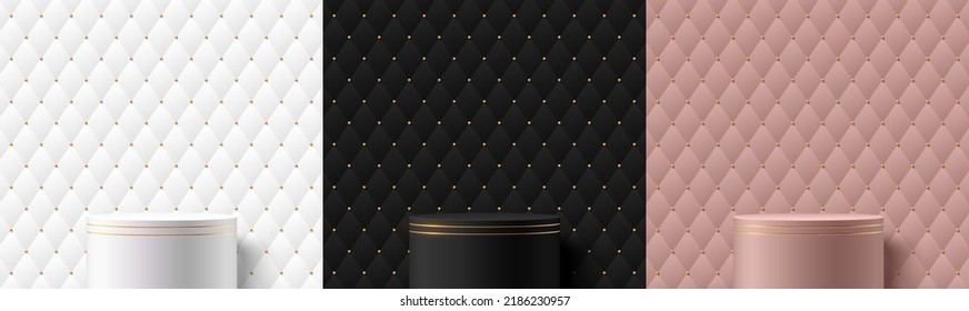Set of 3D background with stand podium. Black, gold, silver and pink gold geometric with golden beads pattern. Abstract minimal wall scene for mockup products display. Vector round stage for Showcase.
