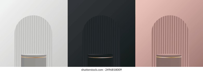 Set of 3D background with stand podium. Black, gold, silver, pink gold with luxury arch shape scene. Abstract minimal wall scene for mockup products display. Vector round stage Showcase. Black friday.
