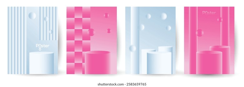 Set of 3D background with stand podium. Pink, Blue, silver, arch shape scene. minimalist blue, pink podium display, perfect for showcasing products, branding, or presentations. 