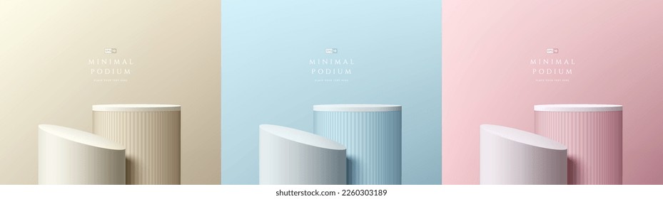 Set of 3D background with steps cylinder stand podium in beige, blue, pink and white color in empty rooms. Vector geometric forms design. Pastel minimal scene. Stage showcase, Mockup product display