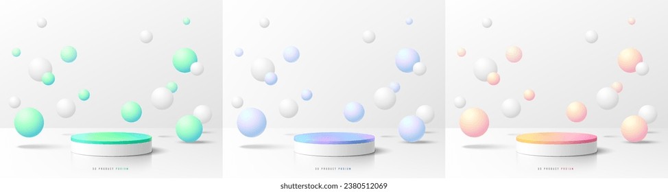 Set of 3D background white cylinder podium with bounce sphere balls in green, blue and pink color. Platforms mockup product display presentation. Abstract geometric composition in minimal design.