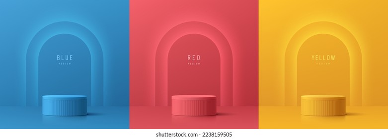 Set of 3D background with yellow, blue, red realistic cylinder podium. Glowing neon light in arch shape. Vector geometric forms. Mockup product display. Abstract minimal wall scene. Stage showcase.