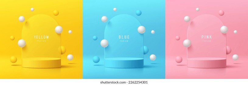 Set of 3d background with yellow, blue, pink cylinder pedestal podium. bouncing white and colorful balls scene. Minimal wall scene mockup product display. Abstract geometric platforms. Stage showcase.