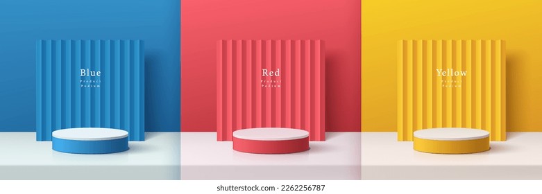 Set of 3d background with yellow, blue, red, white cylinder pedestal podium. Vertical serrated pattern backdrop. Minimal wall scene mockup product display. Abstract geometric platforms stage showcase.