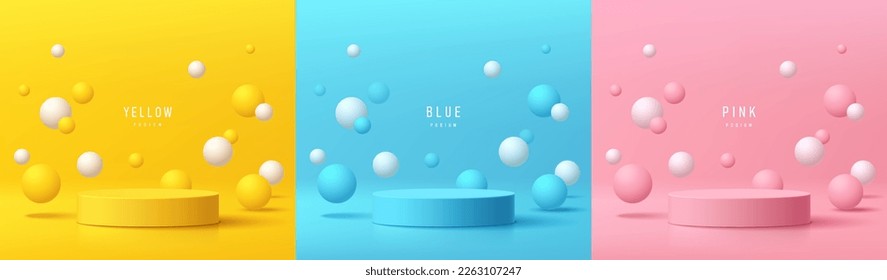 Set of 3d background with yellow, blue, pink cylinder pedestal podium. White and colorful bouncing ball. Pastel minimal wall scene mockup product display. Abstract geometric platforms. Stage showcase.