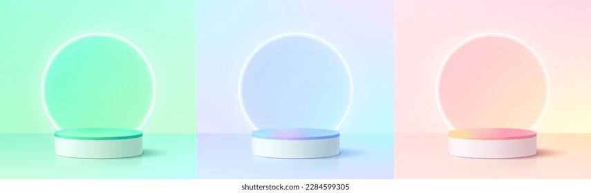 Set of 3D background with yellow, blue green, pink and white realistic cylinder podium, Glow rings neon wall scene. Minimal mockup empty product display. Abstract vector 3D rendering. Stage showcase.