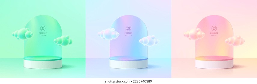 Set of 3D background with yellow, blue green, pink and white cylinder pedestal podium. Cloud flying wall scene. Minimal mockup empty product display. Abstract vector 3D rendering. Stage for showcase.