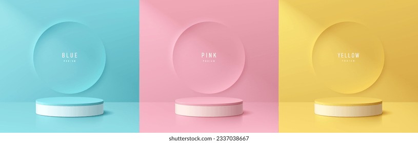 Conjunto de podio de cilindros 3d amarillo de fondo, azul, rosa y blanco con la escena de la pared de la circunferencia. Composición abstracta en diseño mínimo. Presentación de productos cosméticos de las plataformas. Muestra de escenario.