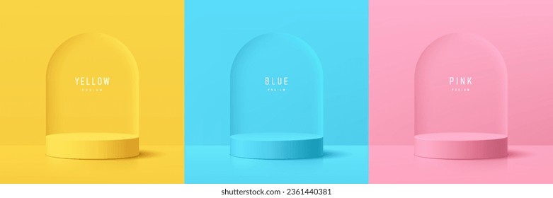 Conjunto de podio peatonal 3d de fondo amarillo, azul y rosado con escena de la pared de la puerta de arco. Presentación de productos cosméticos de plataformas. Composición abstracta en diseño mínimo. Muestra de escenario.