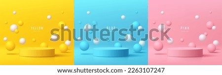 Set of 3d background with yellow, blue, pink cylinder pedestal podium. White and colorful bouncing ball. Pastel minimal wall scene mockup product display. Abstract geometric platforms. Stage showcase.