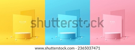 Set of 3d background yellow, blue and pink cylinder pedestal podium with layers square backdrop wall scene. Platforms product display presentation. Abstract composition minimal design. Stage showcase.