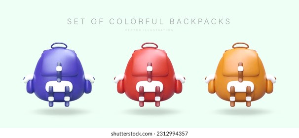 Set of 3D backpacks with shadows. Realistic shoulder bags in different colors, front view. Stylish youth accessories. Vector image of modern schoolbags