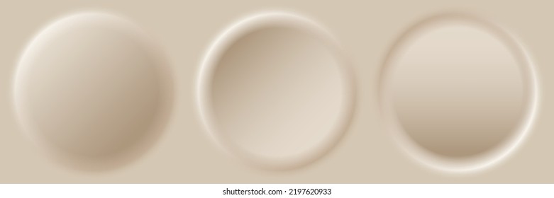 Conjunto de insignias 3D de círculos dorados o marrones grabados con relieve rodea formas de fondo. Ilustración del vector