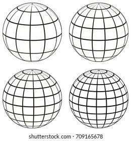 Set 3D ball globe model of the earth sphere with a coordinate grid, vector globe with meridian and parallel, longitude, map template