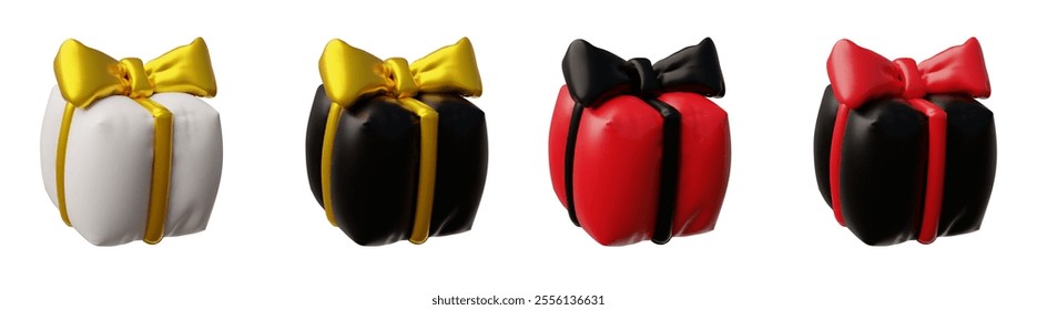 A set of 3D balloons in the form of gift boxes with ribbon bows. Vector packaging is a surprise for festive events, promotions or a celebration with congratulations.