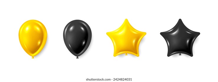 Set of 3d balloons. Party star balloons event design decoration. Helium balloon for party decorations wedding, birthday, anniversary. Shine golden 3d star balloon. Vector illustration